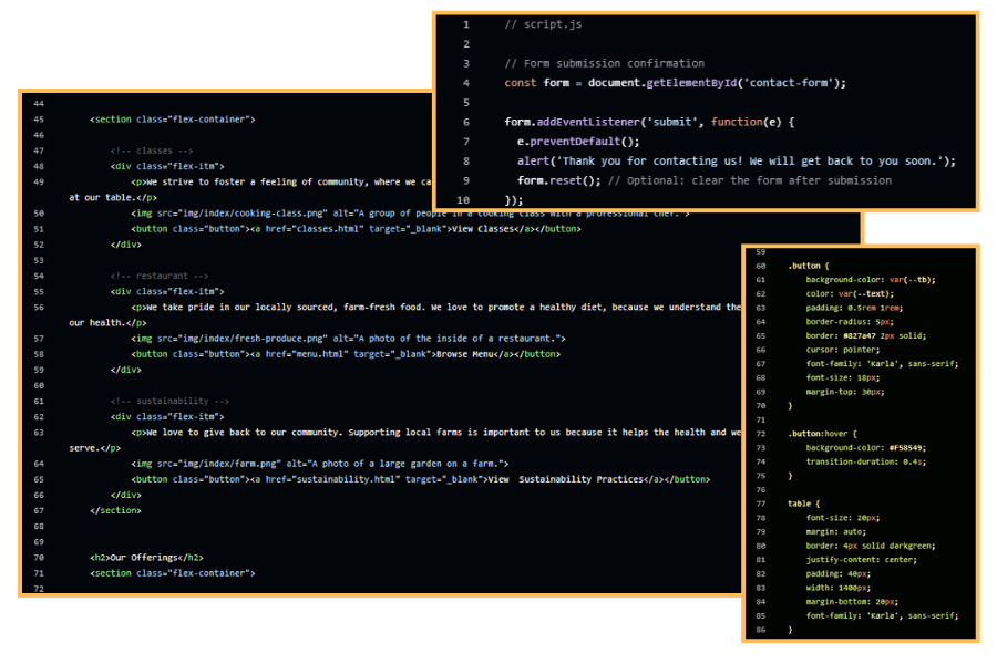 Code snippets of HTML, CSS, and JavaScript.