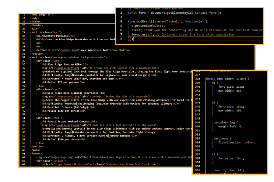Code snippets of HTML, CSS, and JavaScript.