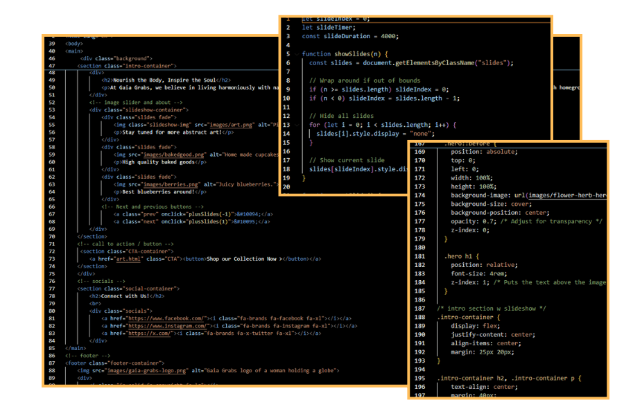 Code snippets featuring HTML, CSS, and JavaScript.