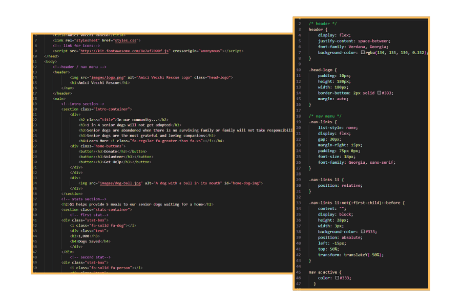 Code snippets of HTML and CSS