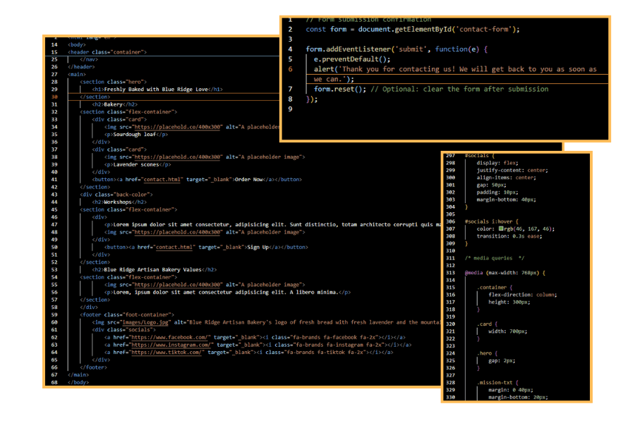Code snippets of HTML, CSS, and JavaScript.