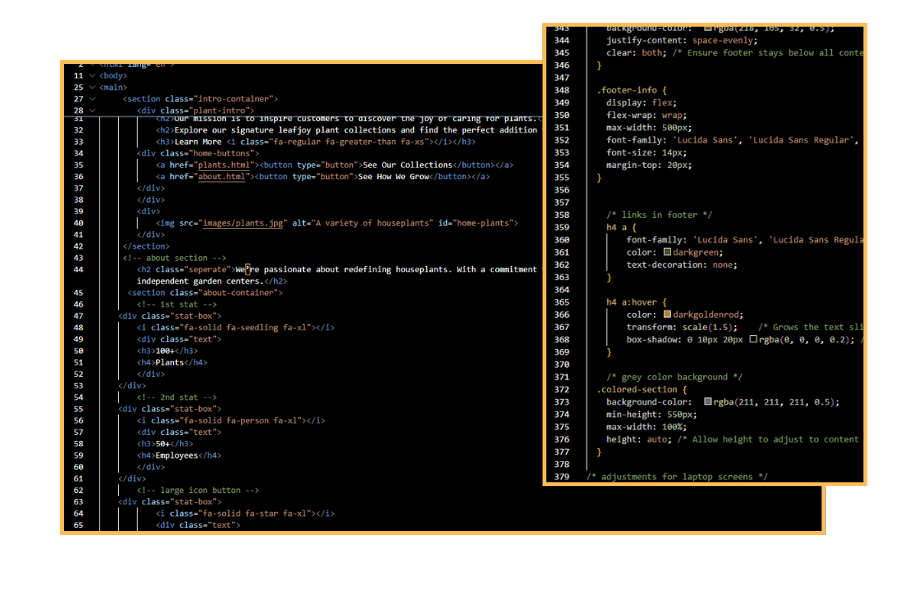 Code snippets of HTML and CSS.