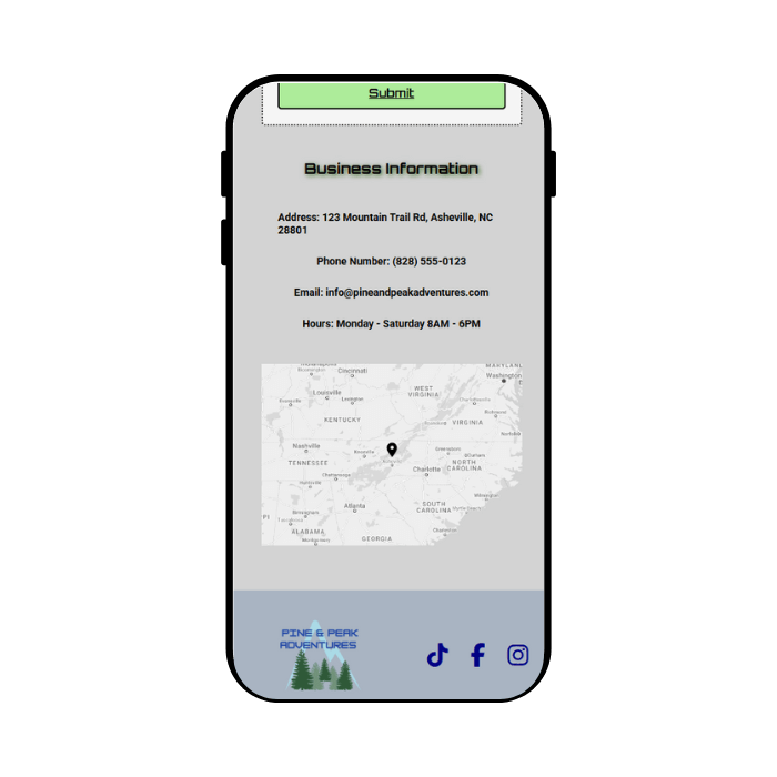 Mobile design of the website for adventure company, Pine & Peak.