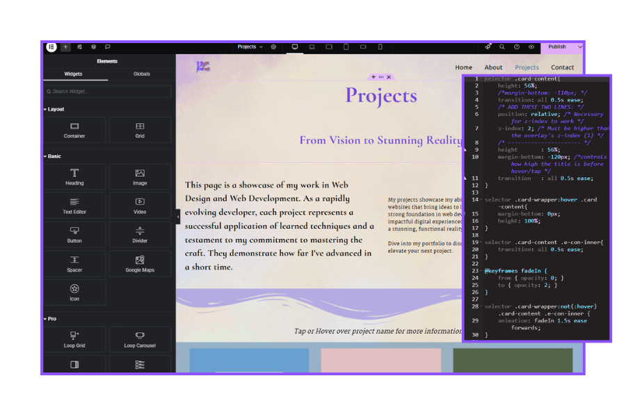 A screenshot of the elementor platform on wordpress and a css snippet.