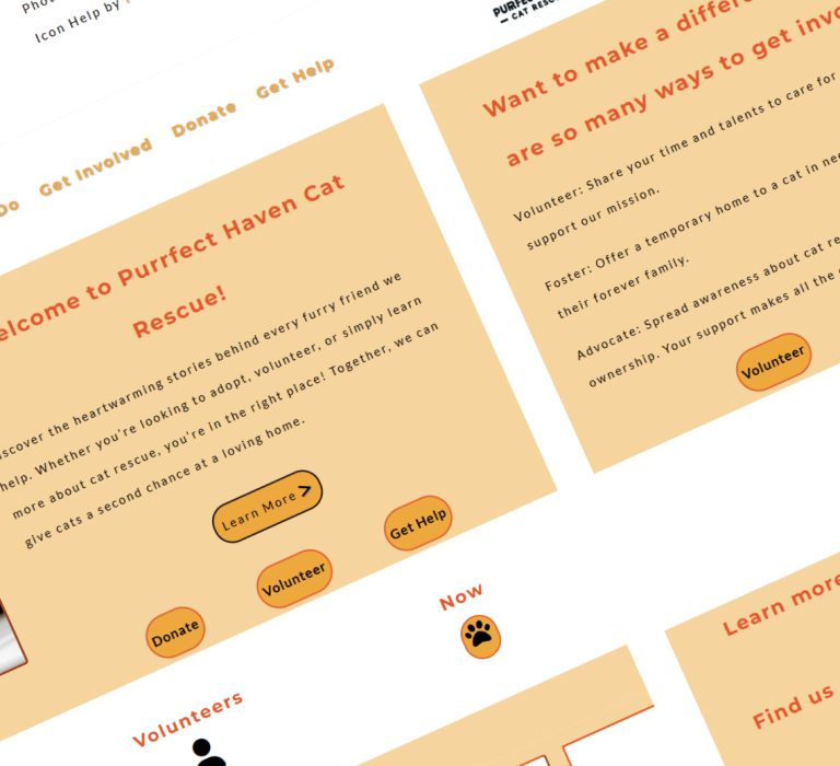 A collage of webpages from the Purrfect Haven Cat Rescue business.