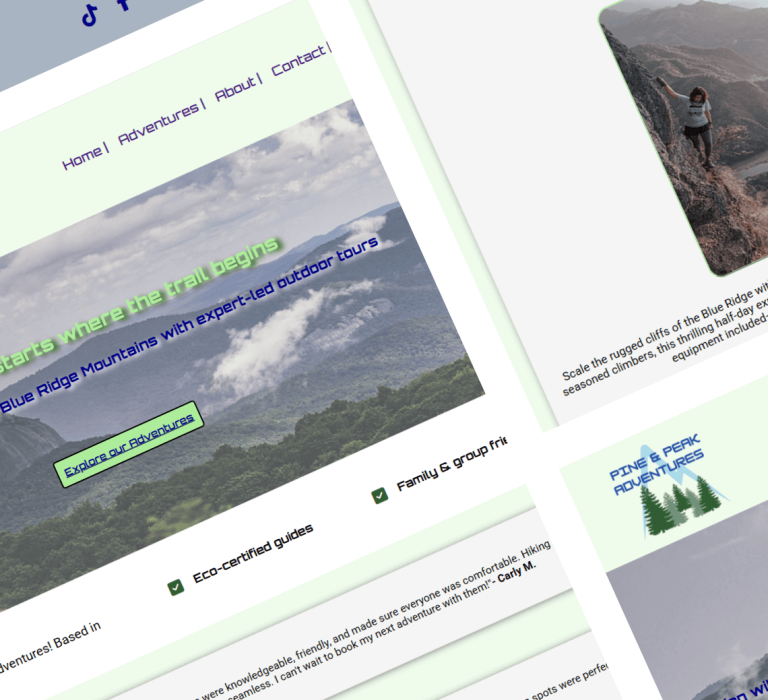 A collage of webpages from the Pine & Peak website.