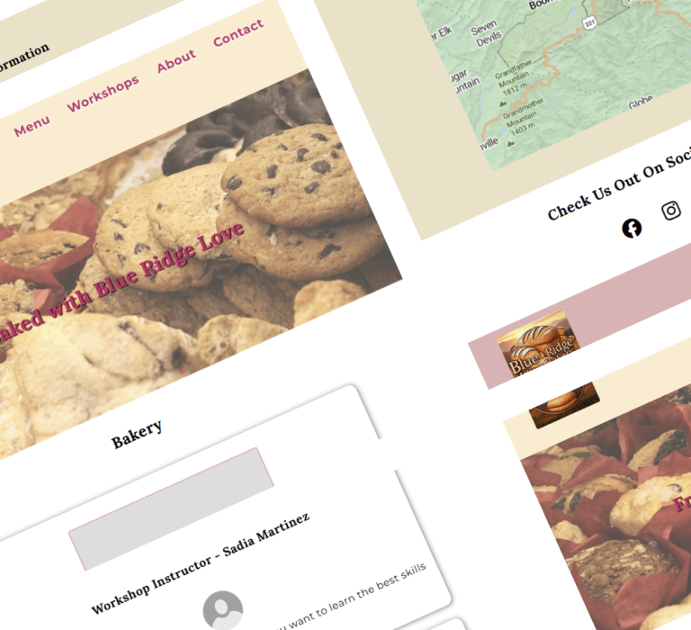 A collage of web pages from Blue Ridge Artisan Bakery's website.