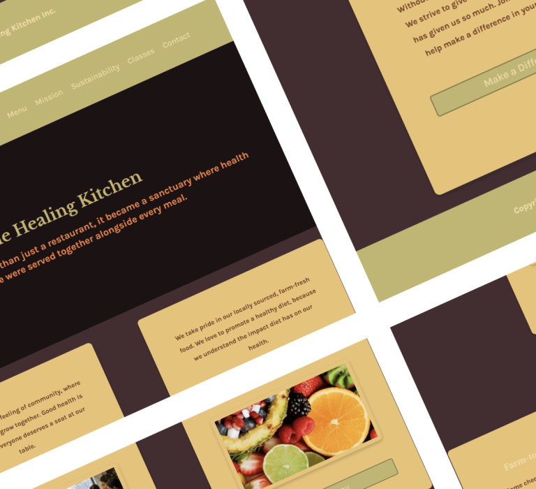 A collage of photos of the web pages at the Healing Kitchen's website.